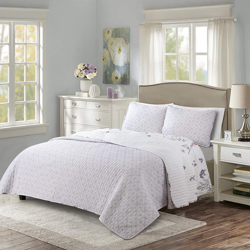 Lush Decor Adalia Reversible Cotton Quilt Queen Size 3 Piece Set Full/Queen Purple & Gray - Floral Bedding Set Queen Quilt - Purple Quilts - Image 5